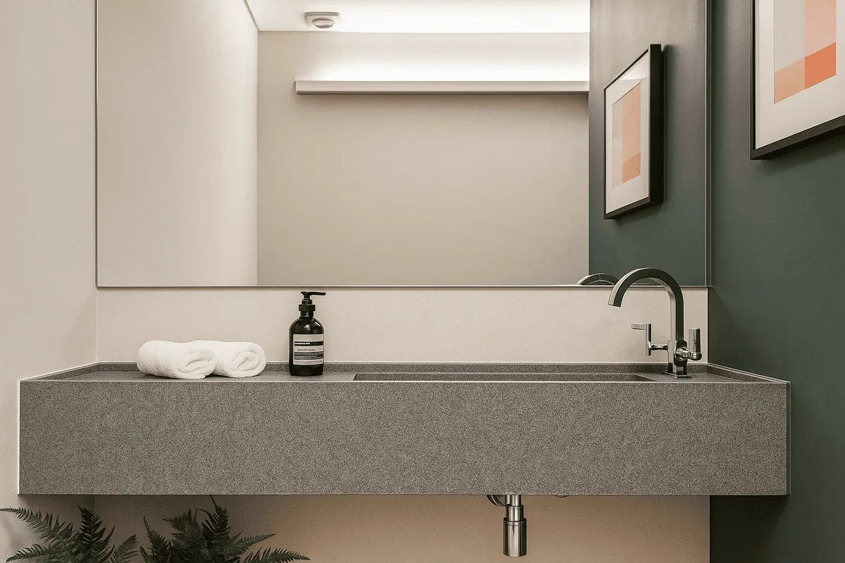 Lavabo com bancada em granito Cinza Andorinha escovado