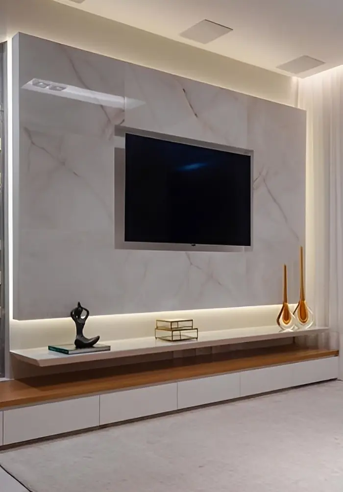 Painel de TV revestido em mármore ou granito, inspiração 12
