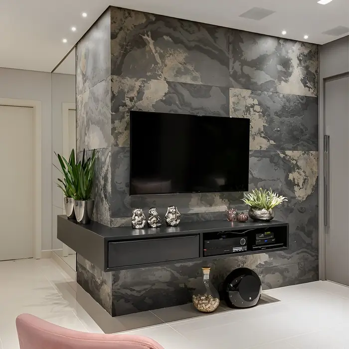 Painel de TV revestido em mármore ou granito, inspiração 5
