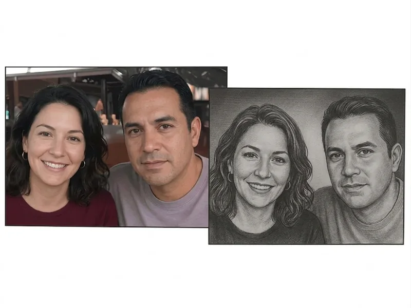 Antes e depois: foto colorida de um casal ao lado do mesmo retrato fotogravado em granito