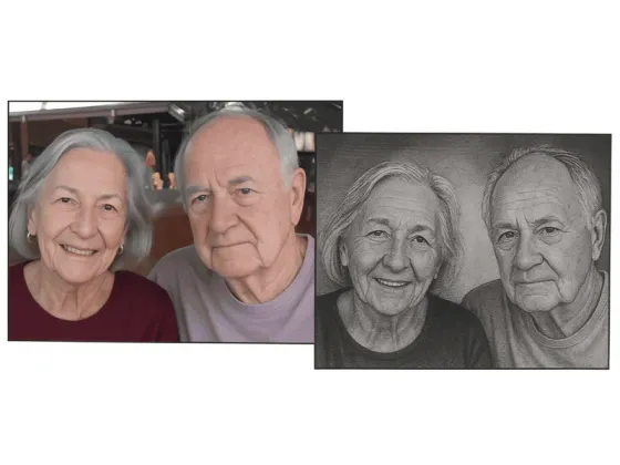 Retrato de um casal gravado em baixo-relevo numa placa de granito preto, ao lado da foto original