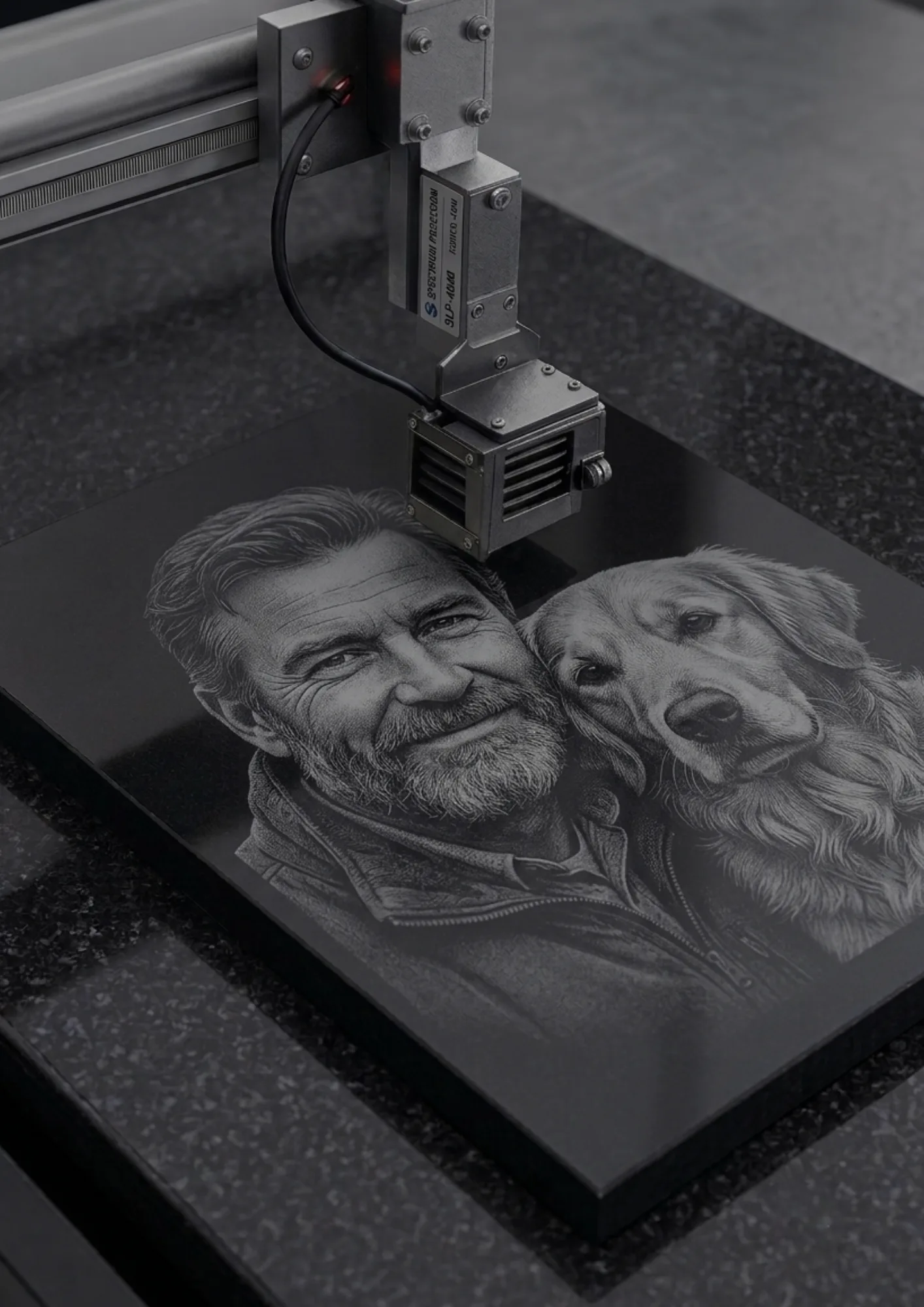 Lápide com foto em granito preto absoluto sendo gravada a laser em baixo-relevo com o retrato de um senhor e seu cachorro