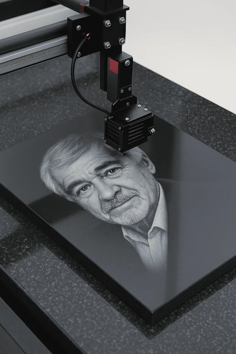 Broca diamantada gravando um retrato em baixo-relevo numa placa de granito preto