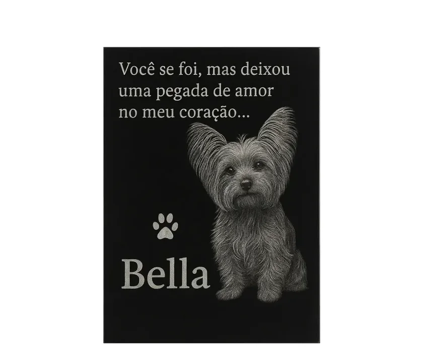 Lápide para cachorro ou gato com foto gravada na pedra, em granito preto absoluto (modelo A02)