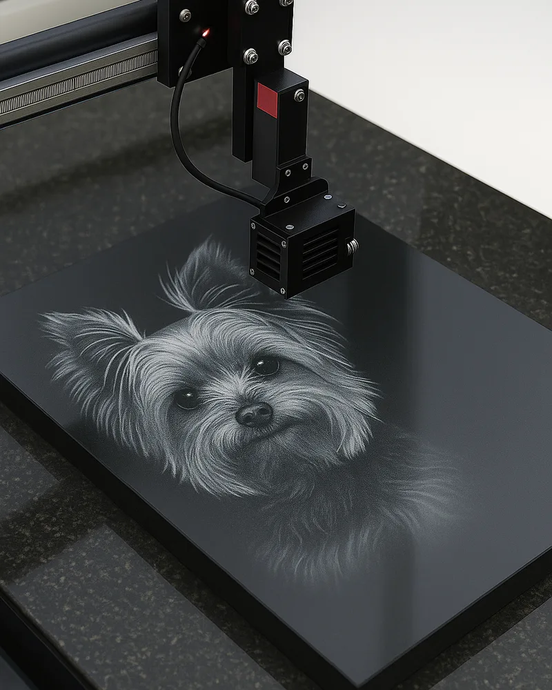 Memorial para pet: Homenagem em granito com foto e nome do pet.